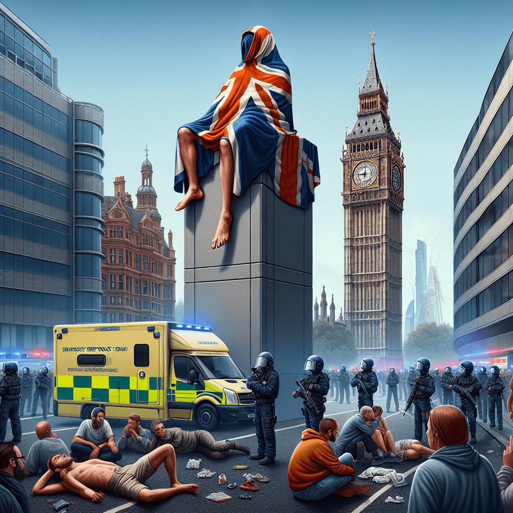 Barefoot man climbing Elizabeth Tower with Palestinian flag