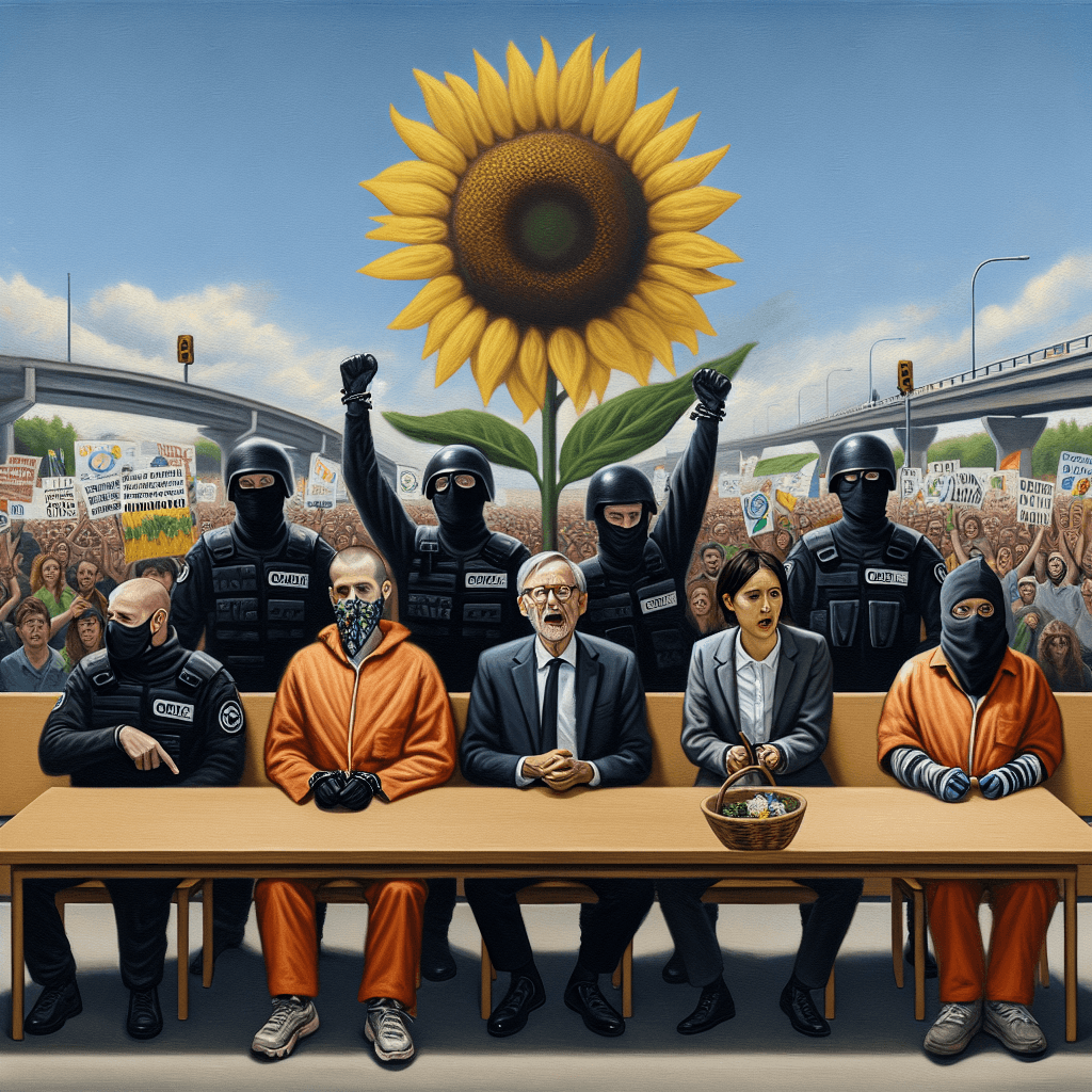 Courtroom scene with van Gogh art and climate activists