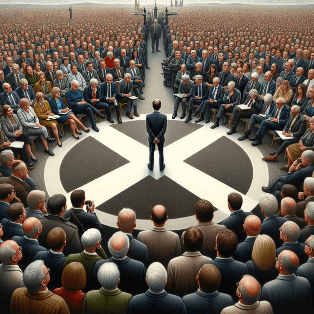 Keir Starmer amidst swirling clouds and scattered papers