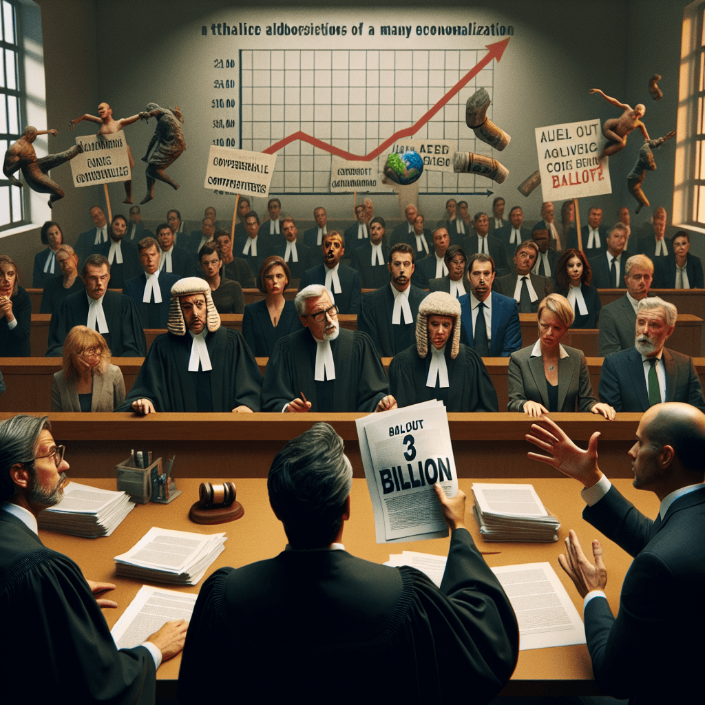 Courtroom scene with judges, protestors, and leaking pipes