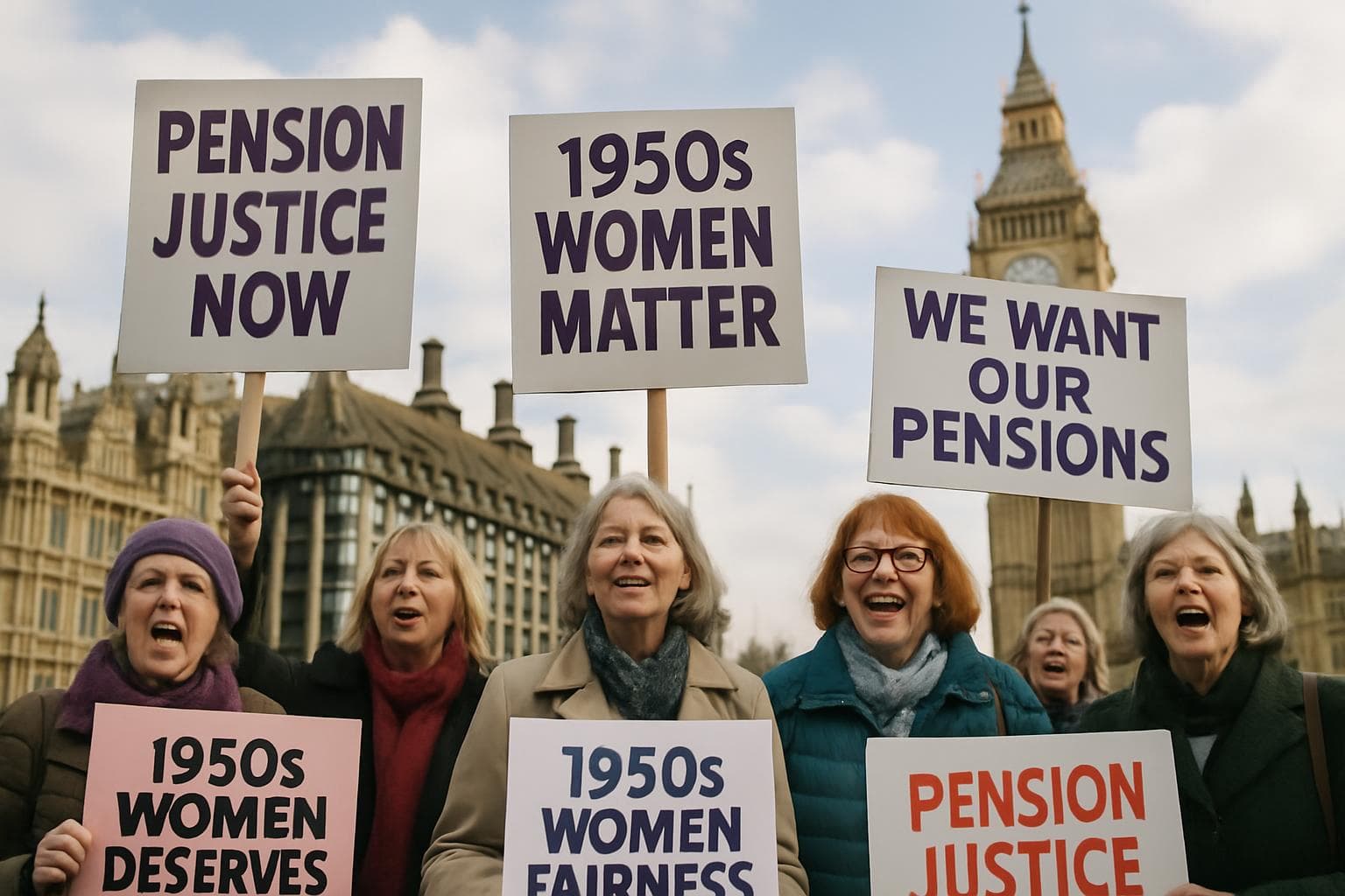 Women from the 1950s protesting for pension justice outside UK Parliament