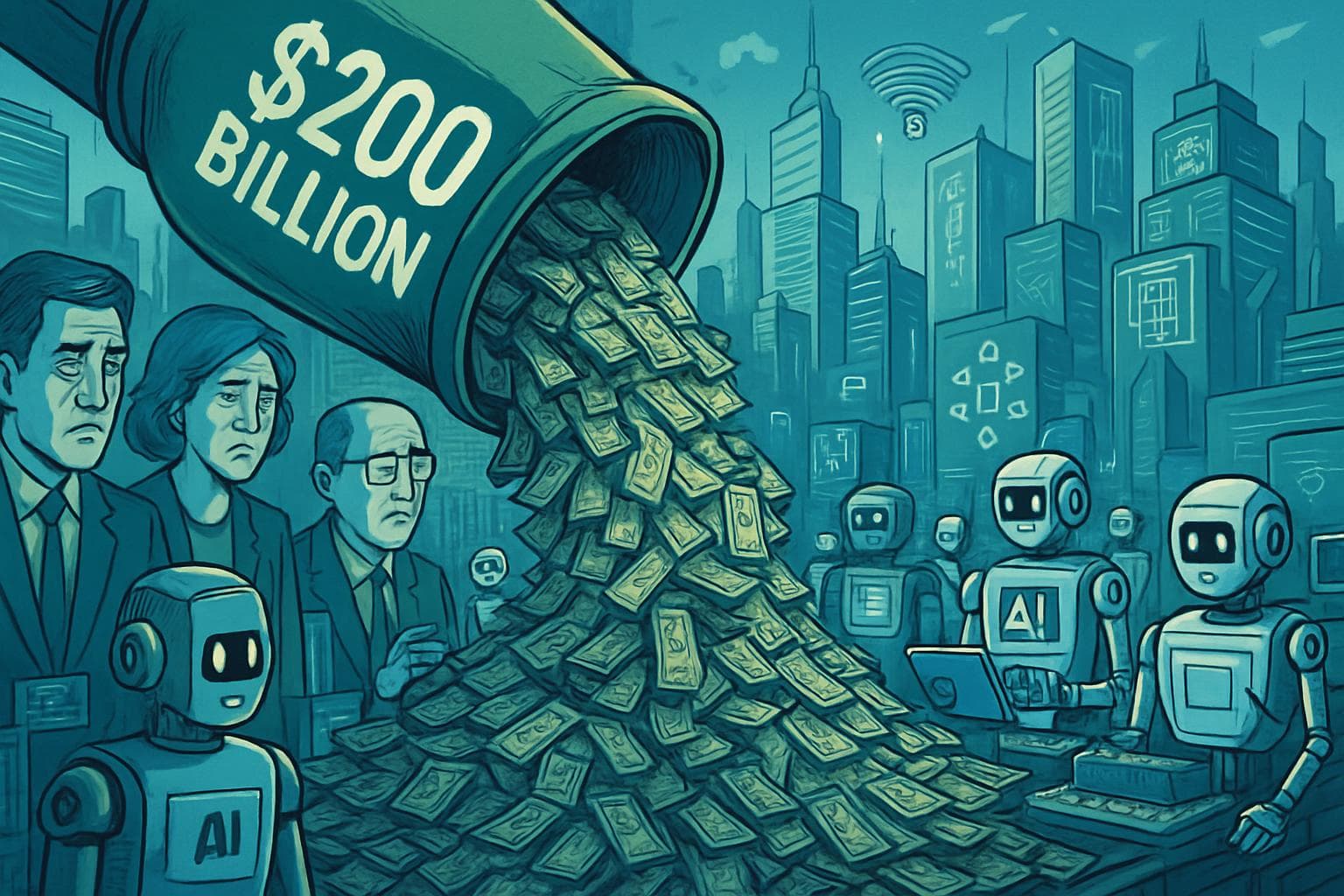 Pile of cash labeled 200 Billion in futuristic city with robots