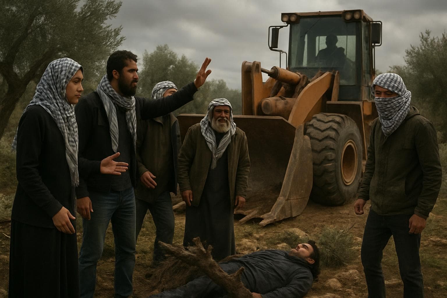Activists confronting a bulldozer near olive trees in Umm al-Khair.