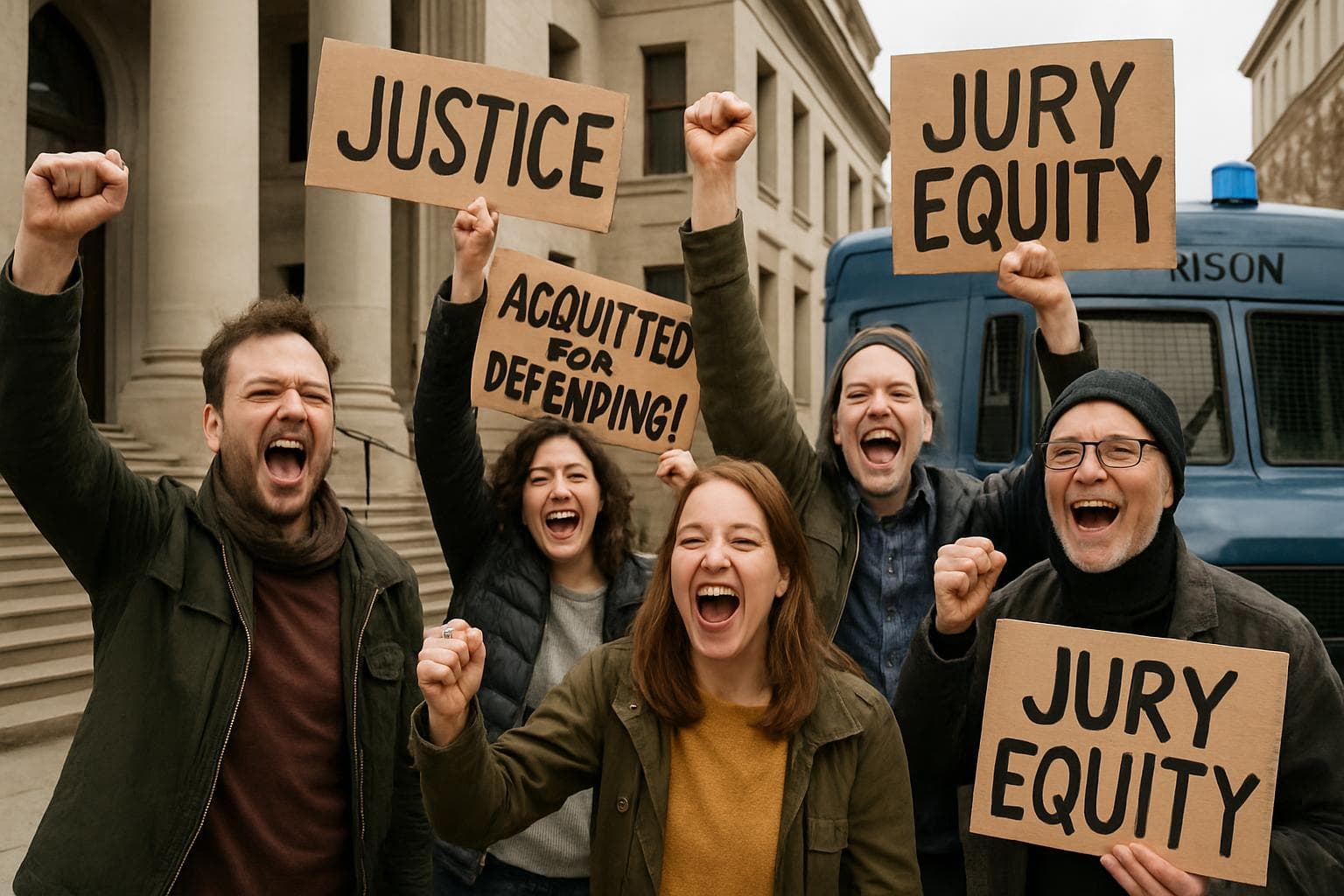 Activists celebrate outside courthouse with protest signs.