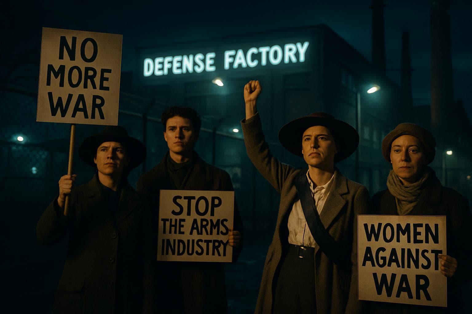 Activists holding protest signs in front of a defense factory at night