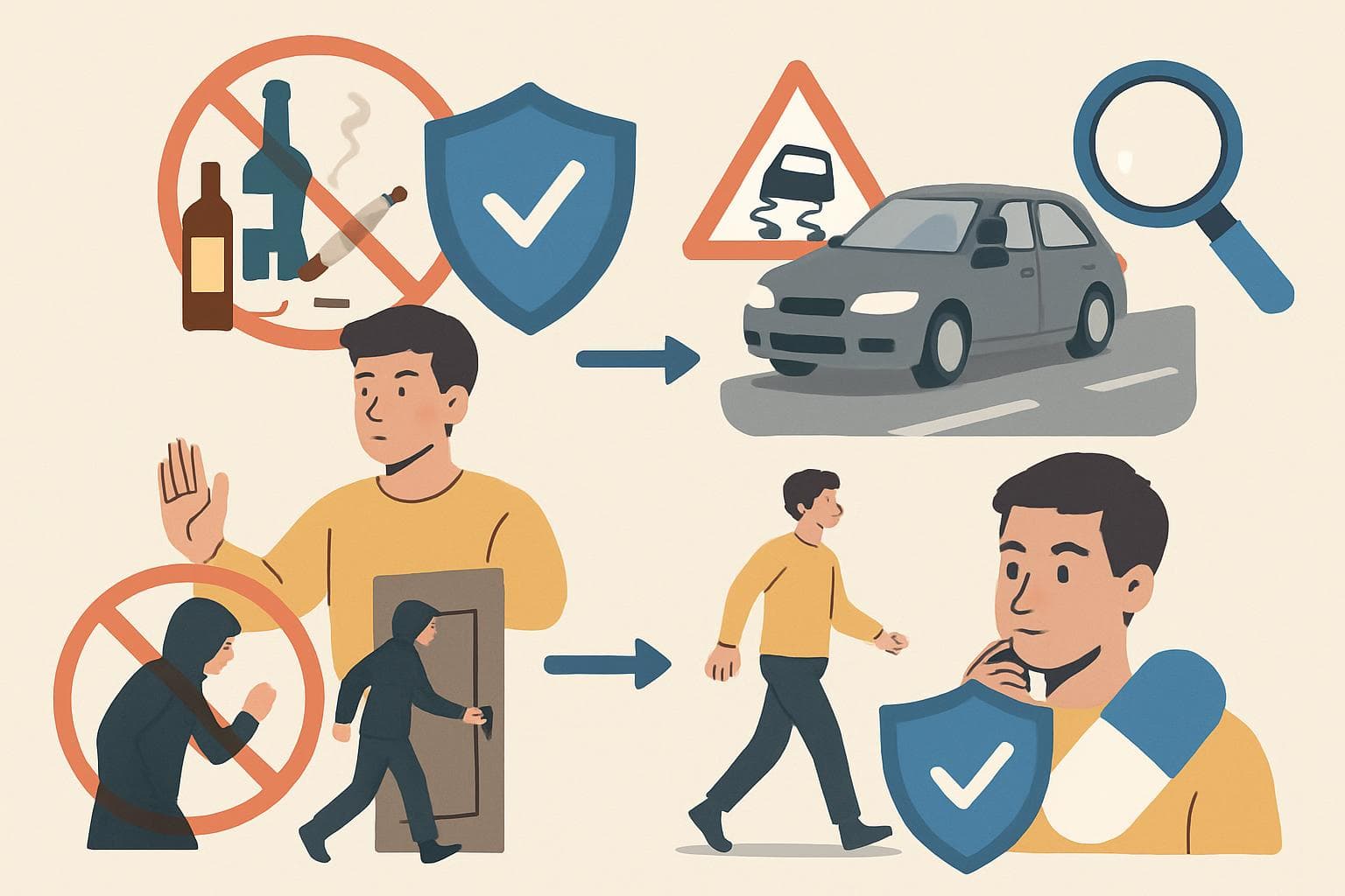 Person with ADHD avoiding risks with symbols of safety and focus