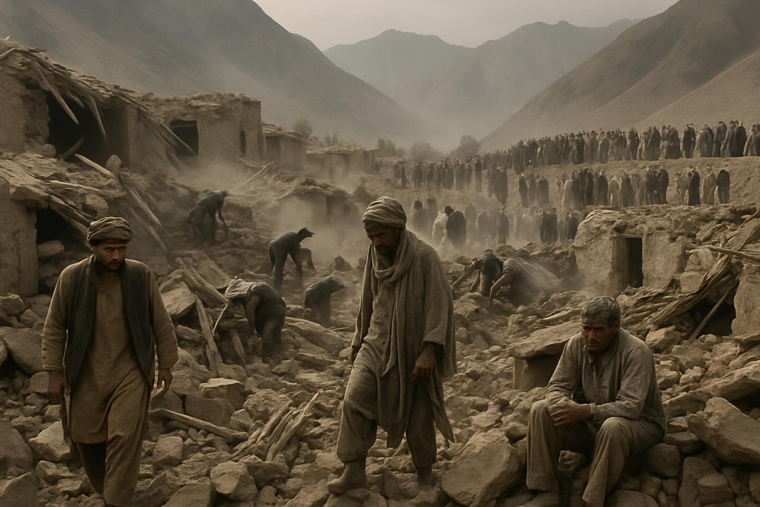 Collapsed homes and survivors in an Afghan village