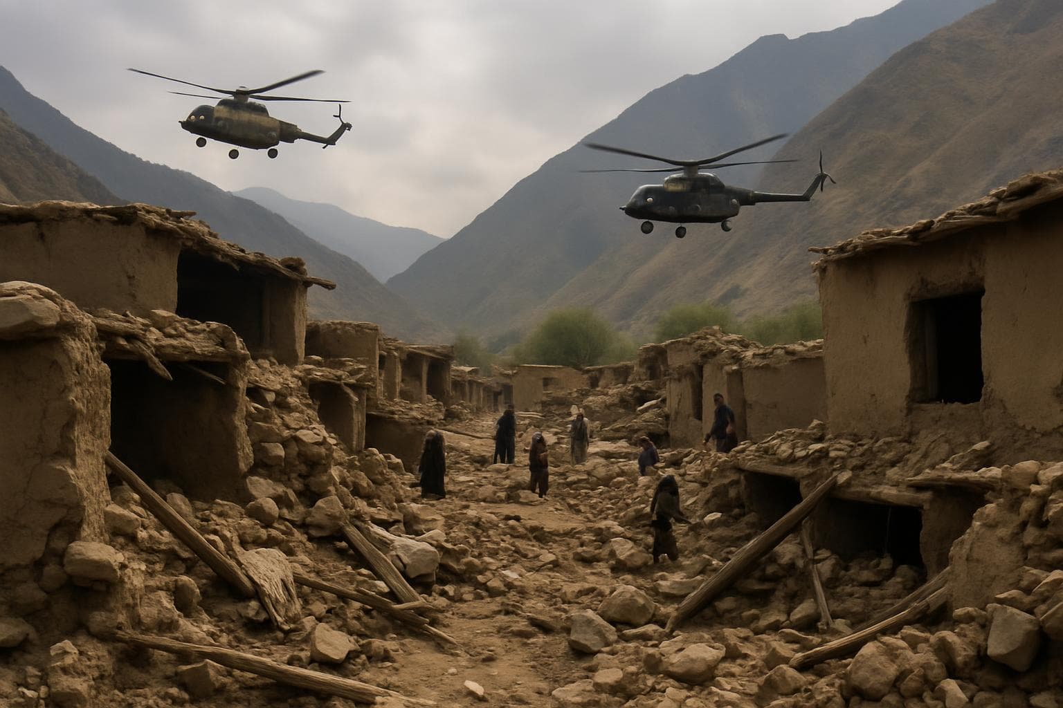 Devastated Afghan village with crumbled mud homes and mountains