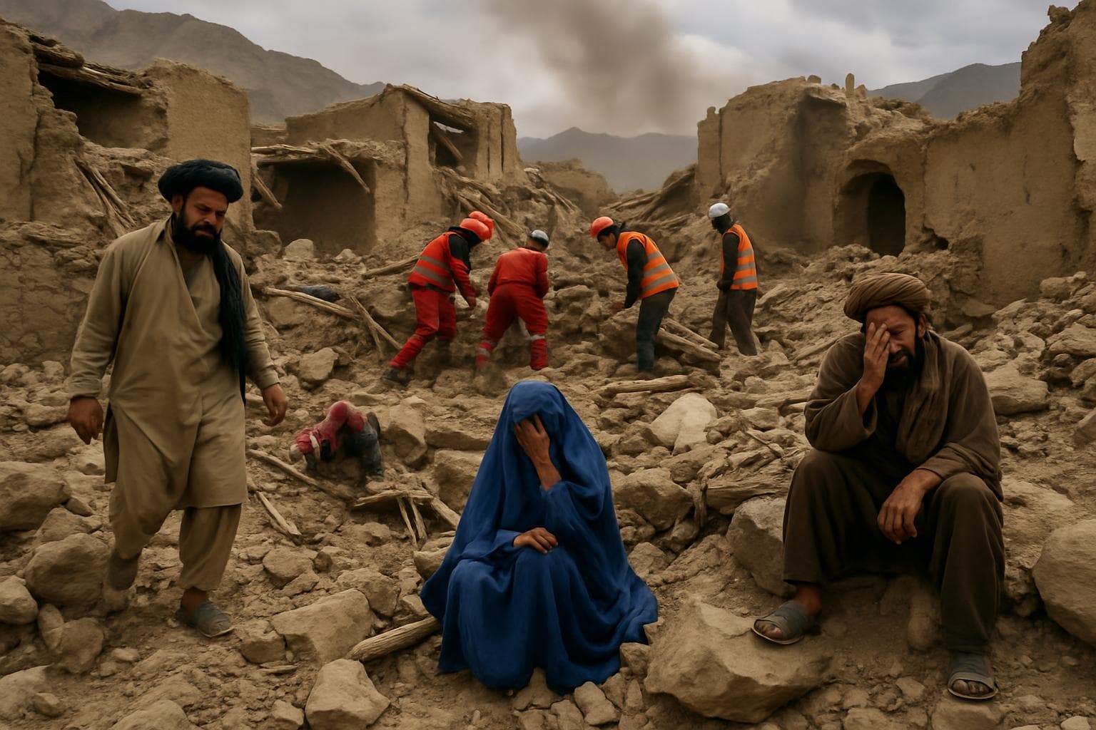 Collapsed mud homes and rescue operations in Afghan village