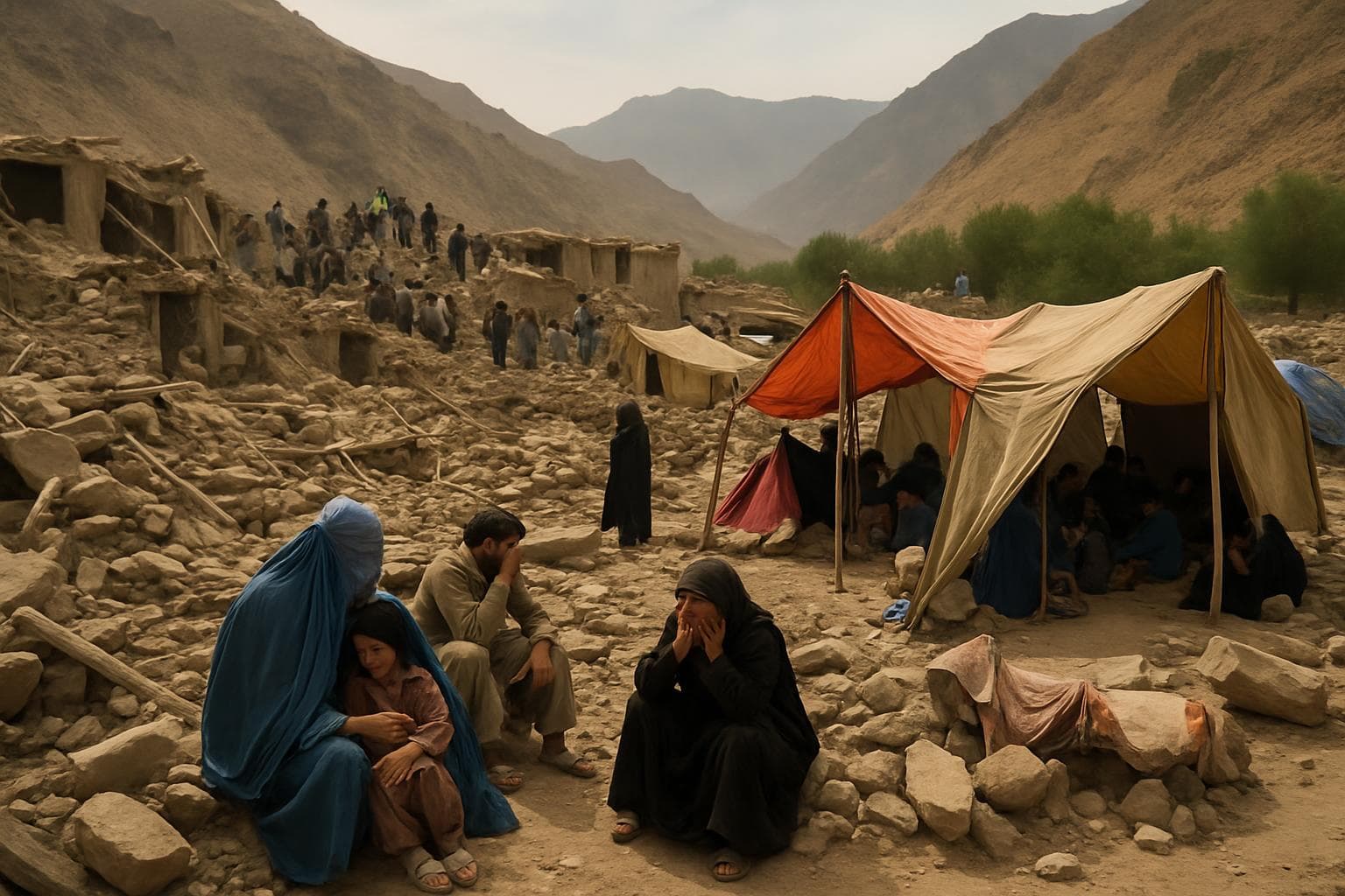 Rubble and makeshift shelters after an Afghanistan earthquake