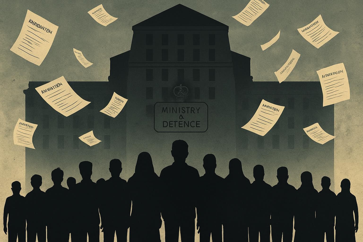 Silhouetted group under UK Ministry of Defence shadow