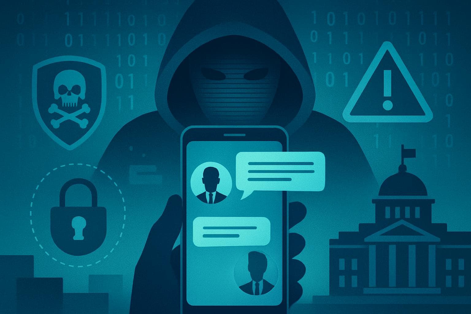 AI figure targeting officials via messaging app with cybersecurity symbols