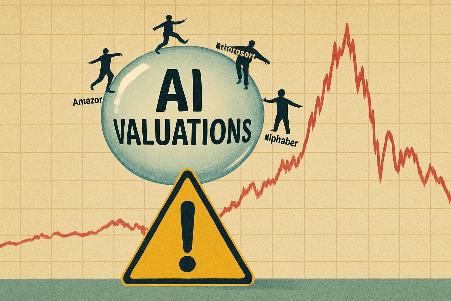 Bubble labeled AI Valuations above a caution sign with tech figures