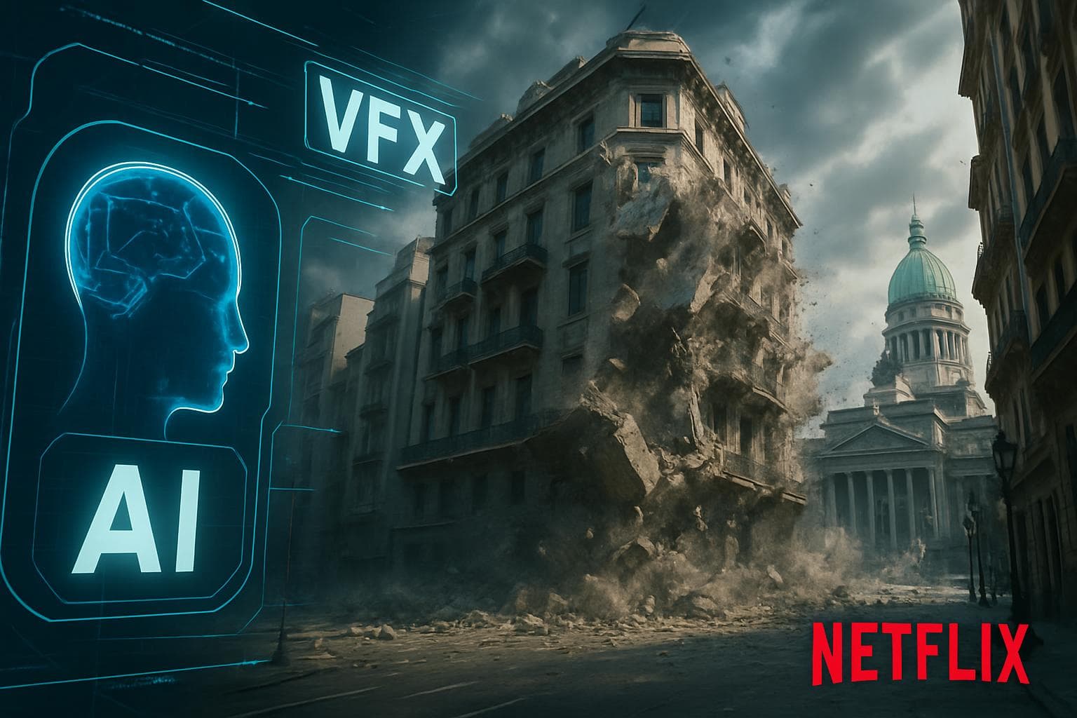 Futuristic AI visual effects of a building collapse in Buenos Aires
