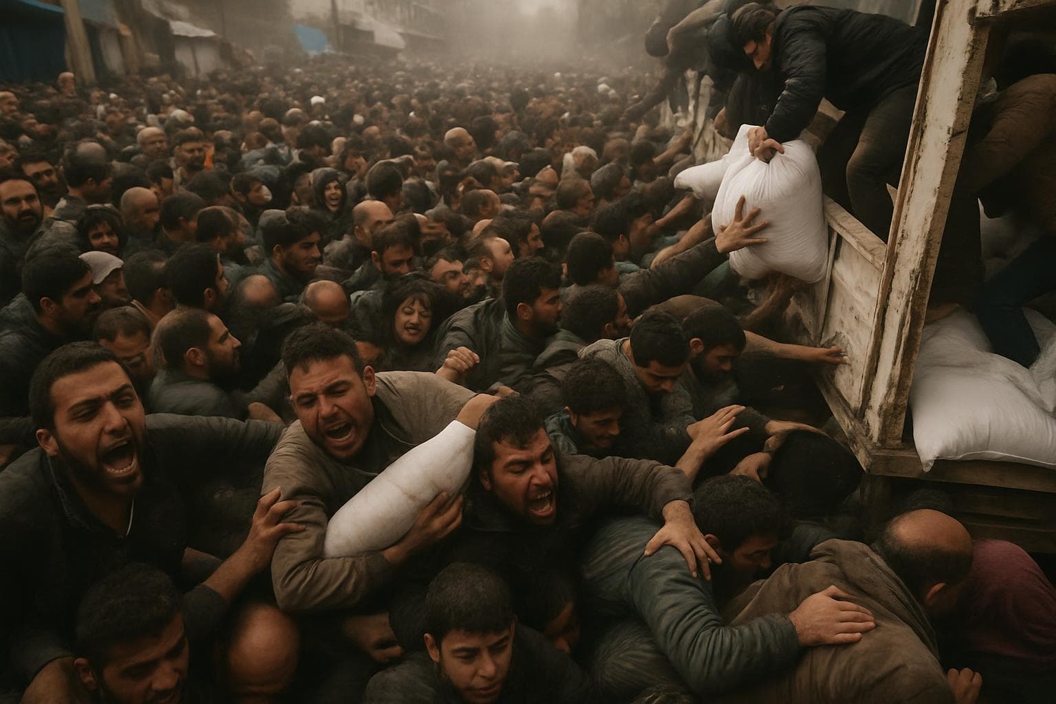 Crowded aid distribution center in Khan Younis, Gaza