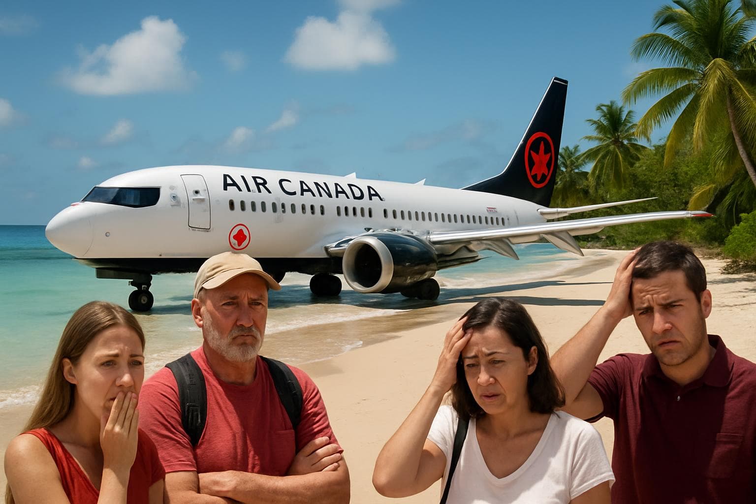 Grounded Air Canada airplane on a tropical beach with tourists