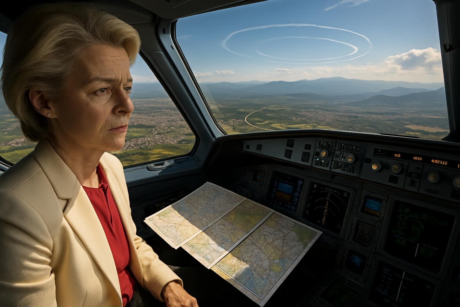 Aircraft cockpit with maps flying over Bulgaria
