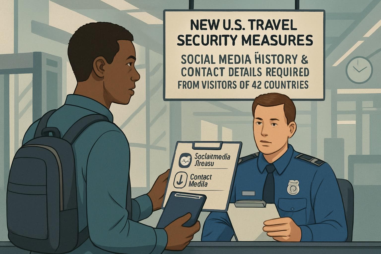 Traveler at airport checkpoint sharing social media history