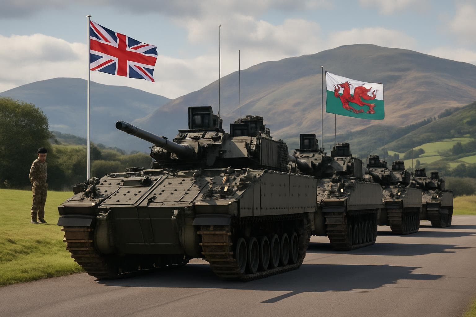 Line of Ajax armored vehicles with British military backdrop