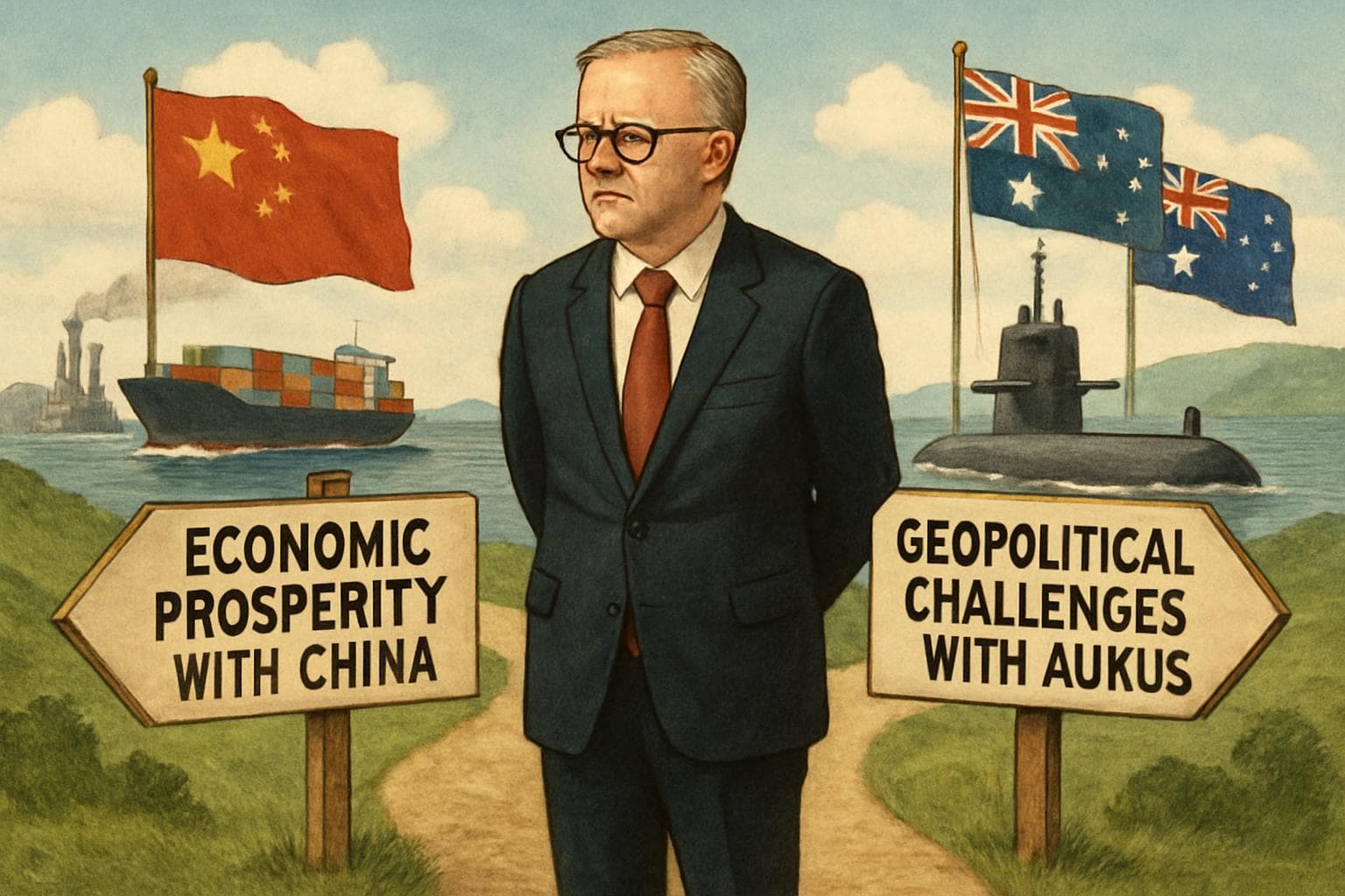 Anthony Albanese between paths labeled Economic Prosperity and Geopolitical Challenges