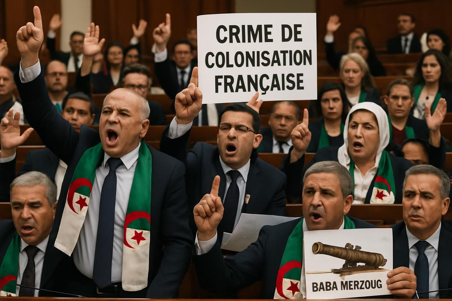 Algerian lawmakers in flag-colored scarves passing a law