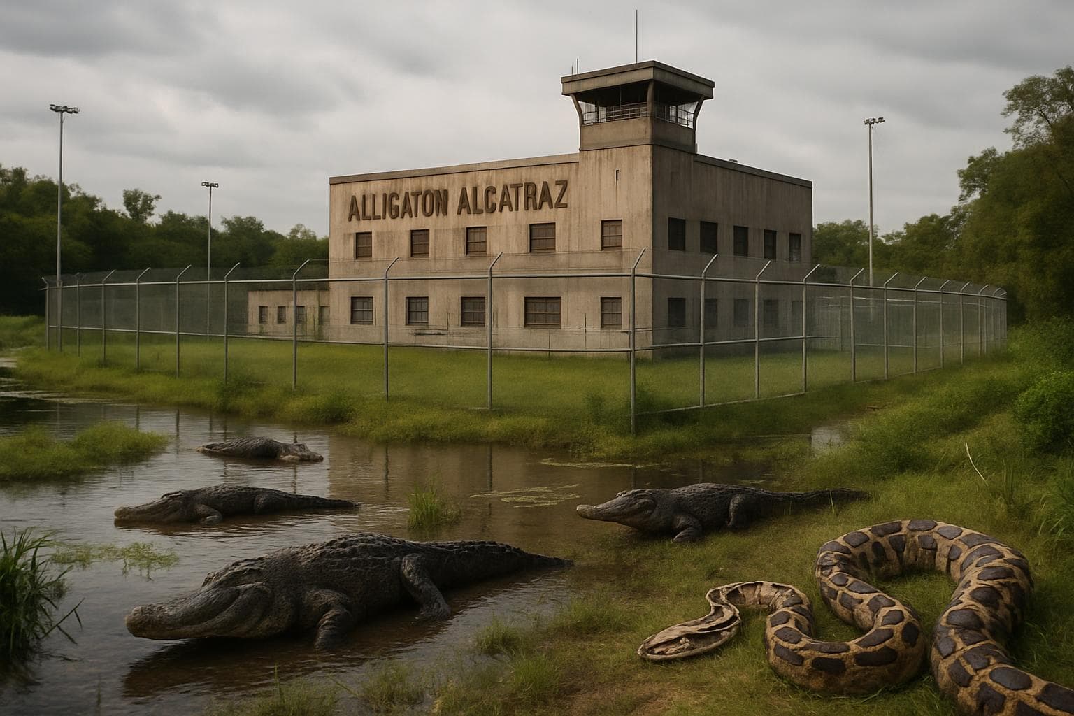 Detention center in Florida Everglades with alligators nearby