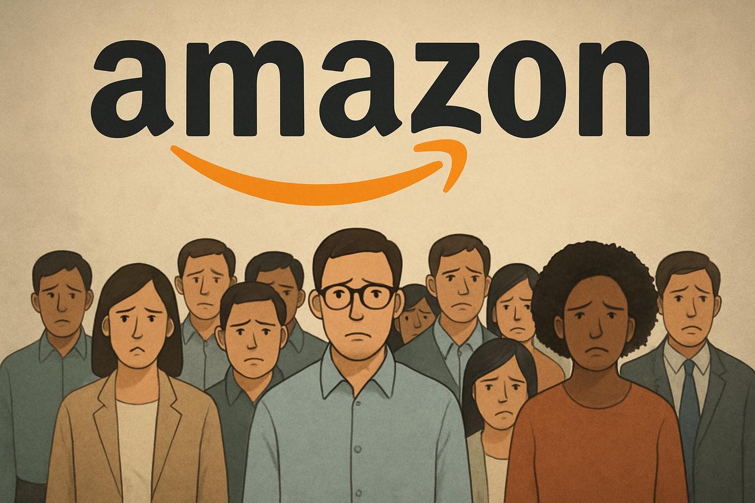 Amazon logo looming over worried diverse employees