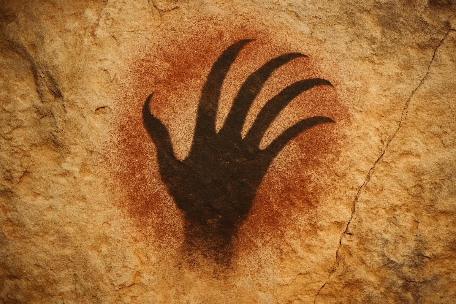 Ancient hand stencil with claw-like fingers in Indonesian cave