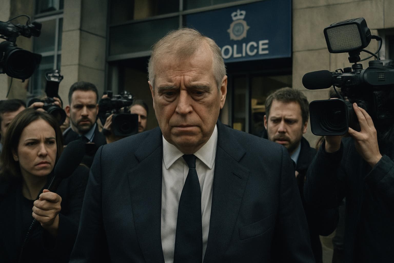 Andrew Mountbatten-Windsor leaving a police station surrounded by media