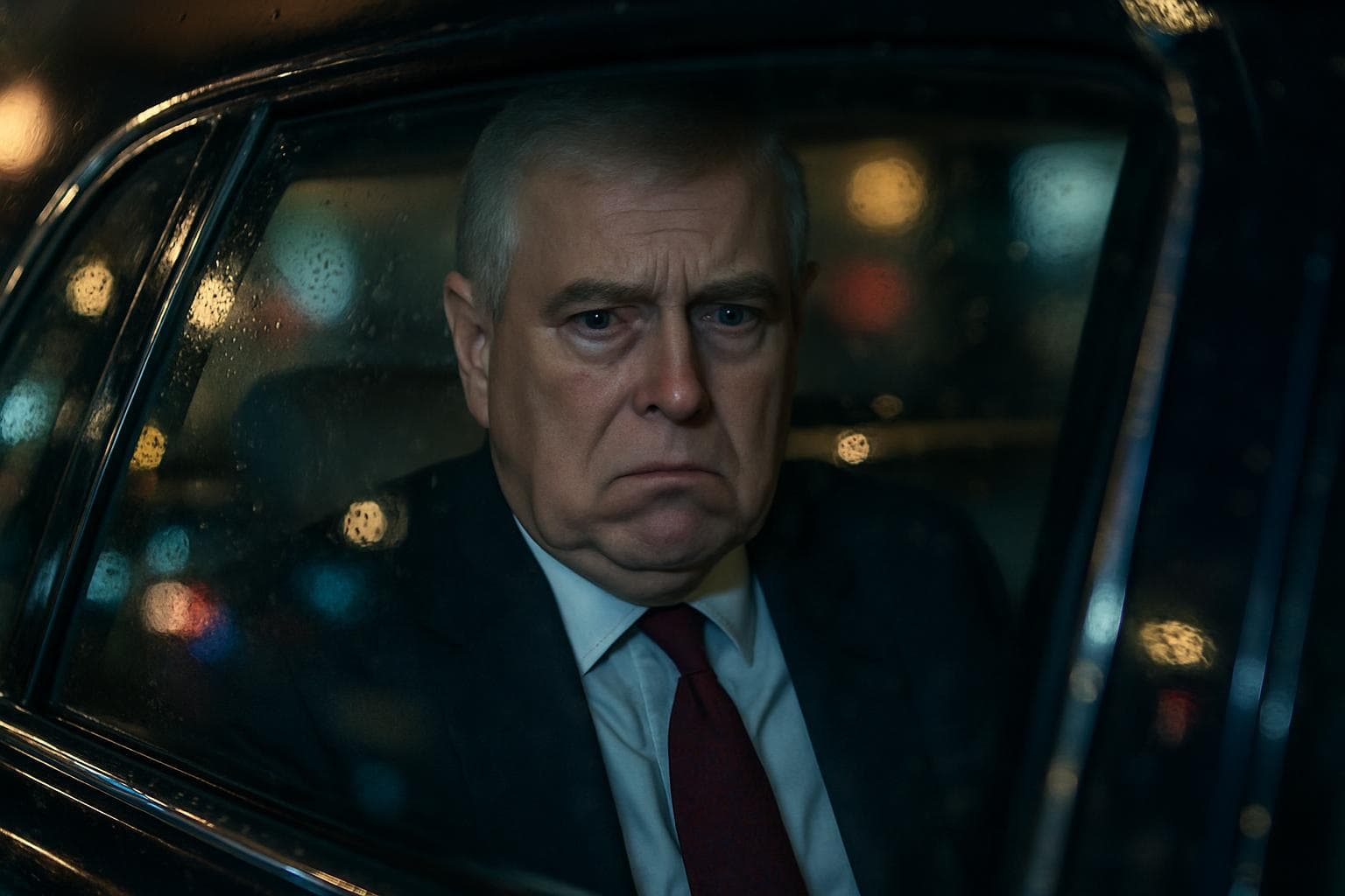 Andrew Mountbatten-Windsor upset in a car at night