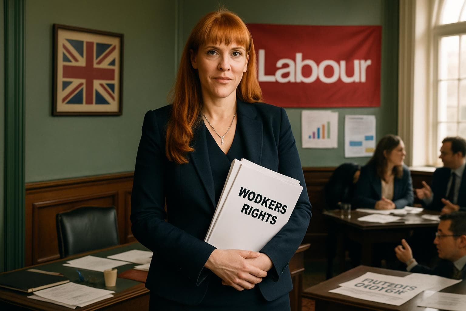Angela Rayner in a political office holding documents