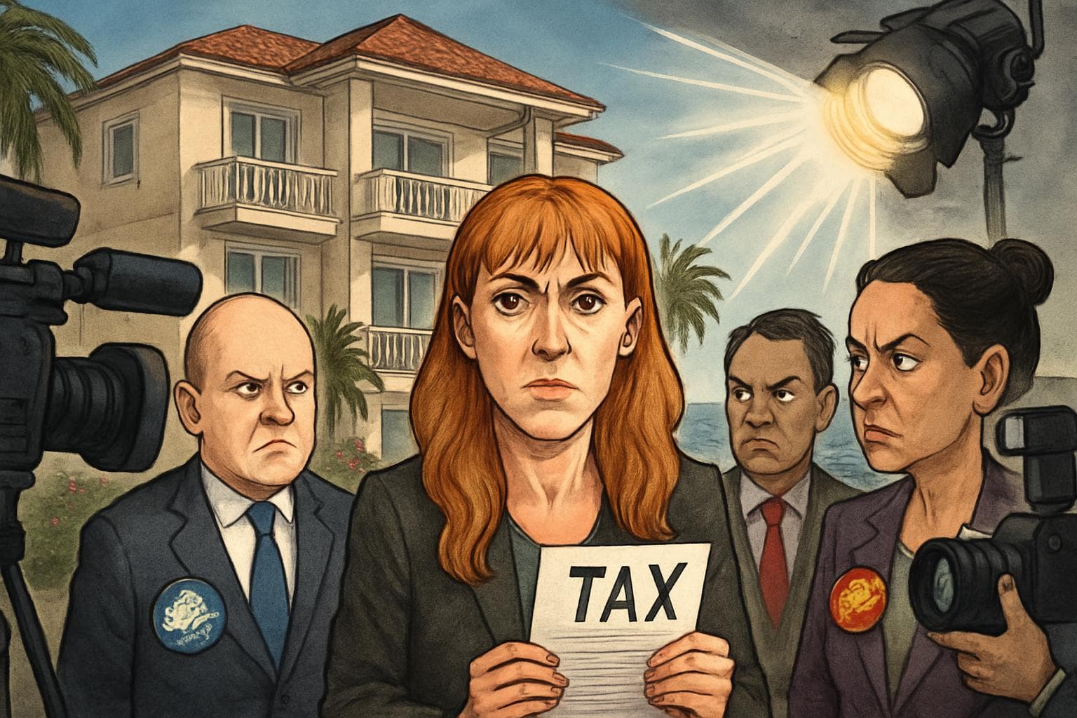 Angela Rayner holding tax documents by a seaside flat