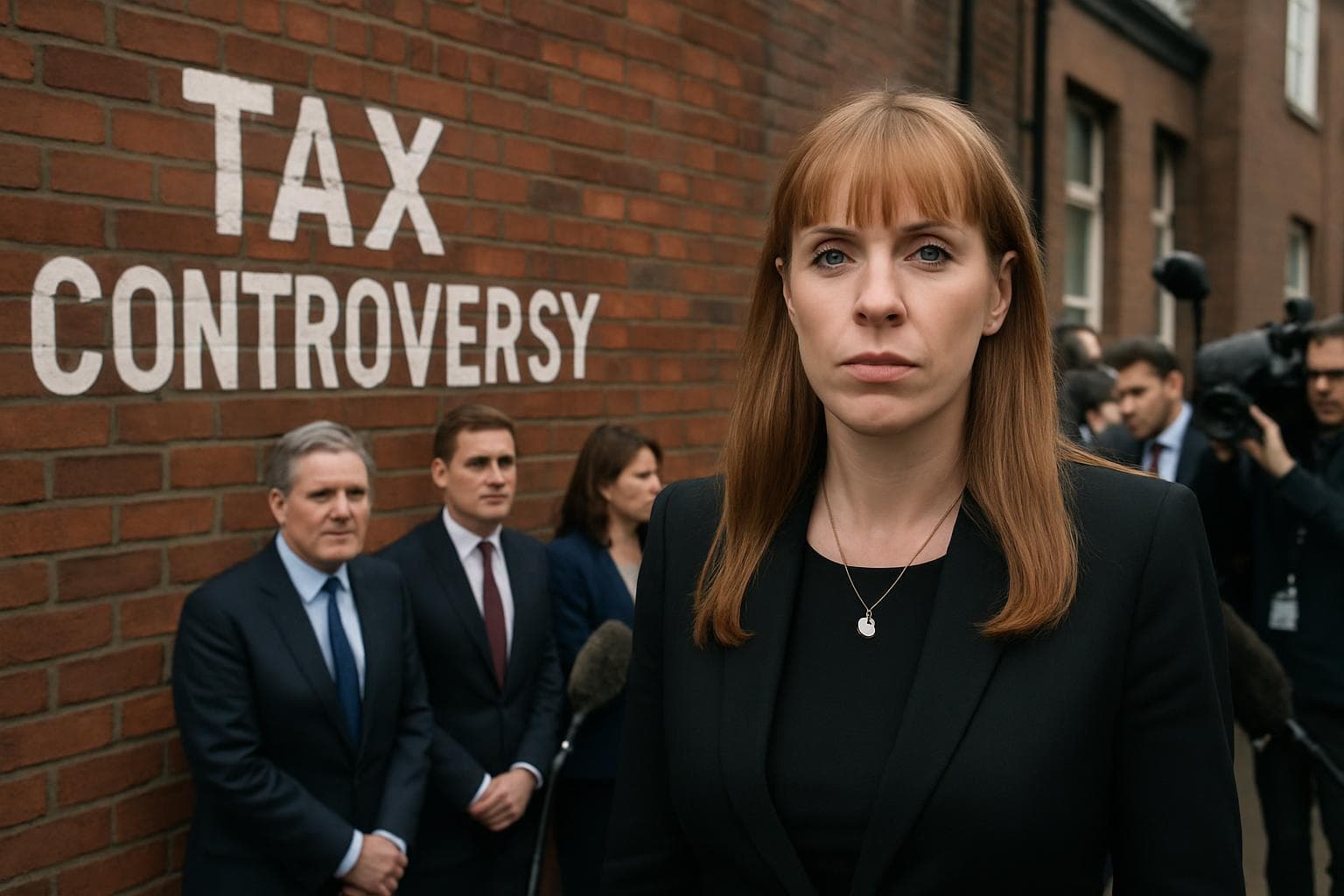 Angela Rayner stands before a building with 'Tax Controversy' sign