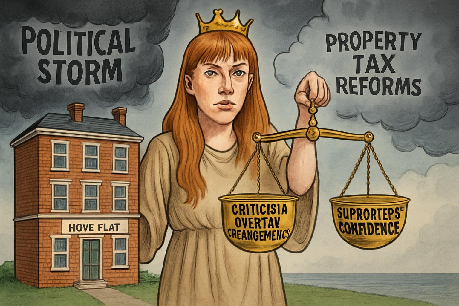 Angela Rayner holding scales between a flat and storm clouds