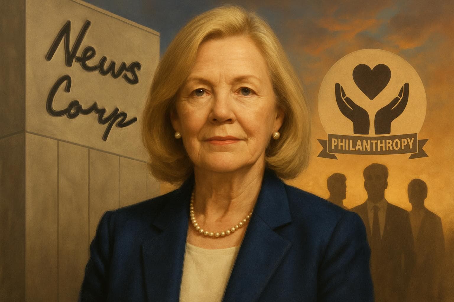 Portrait of Anna Murdoch-Mann with media and philanthropy symbols