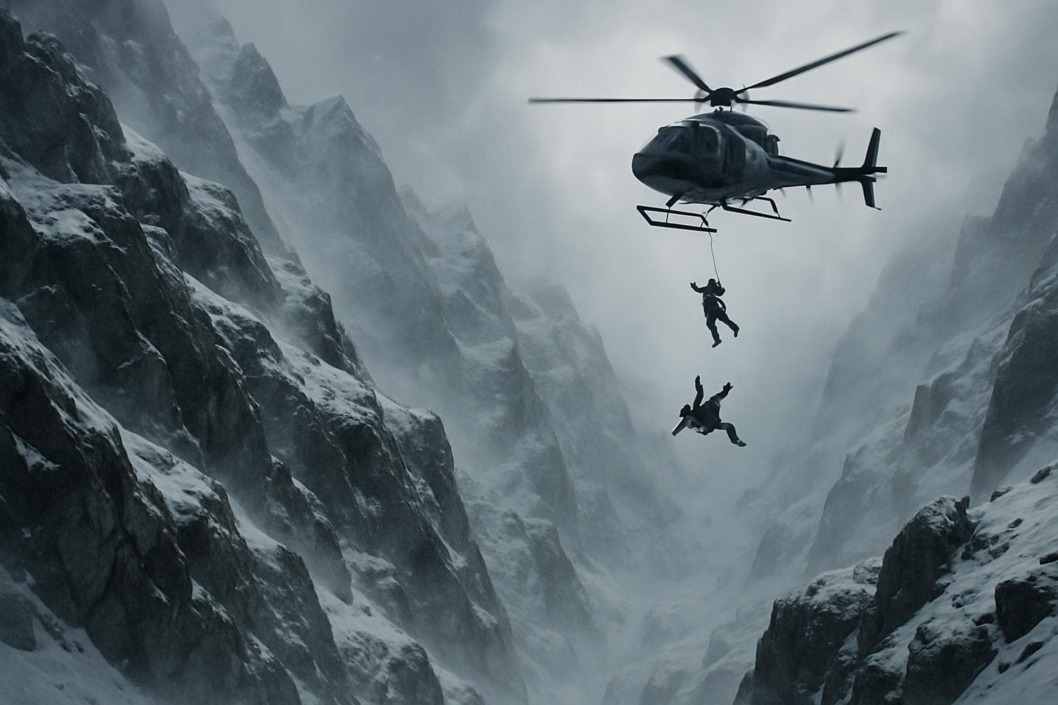 Helicopter rescuing climbers on Aoraki Mount Cook in winter