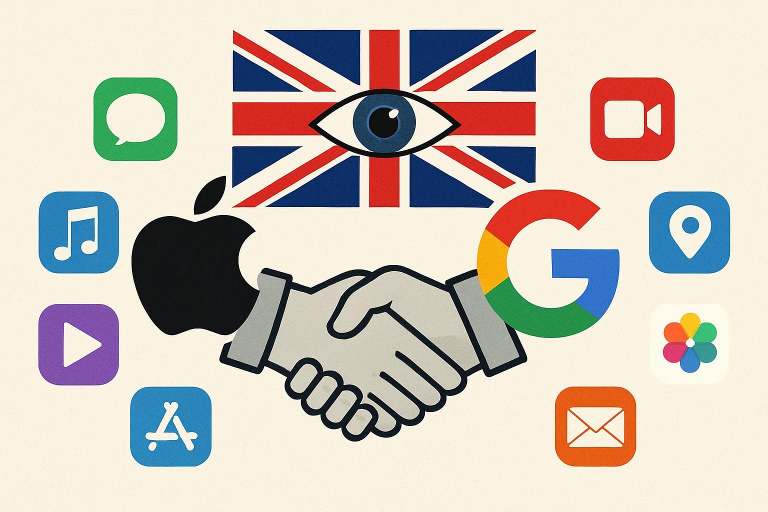 Handshake between Apple and Google symbols under UK flag
