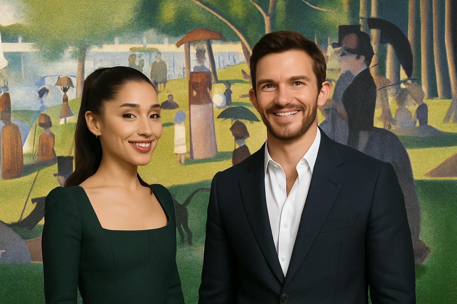 Ariana Grande and Jonathan Bailey posing in front of Georges Seurat painting