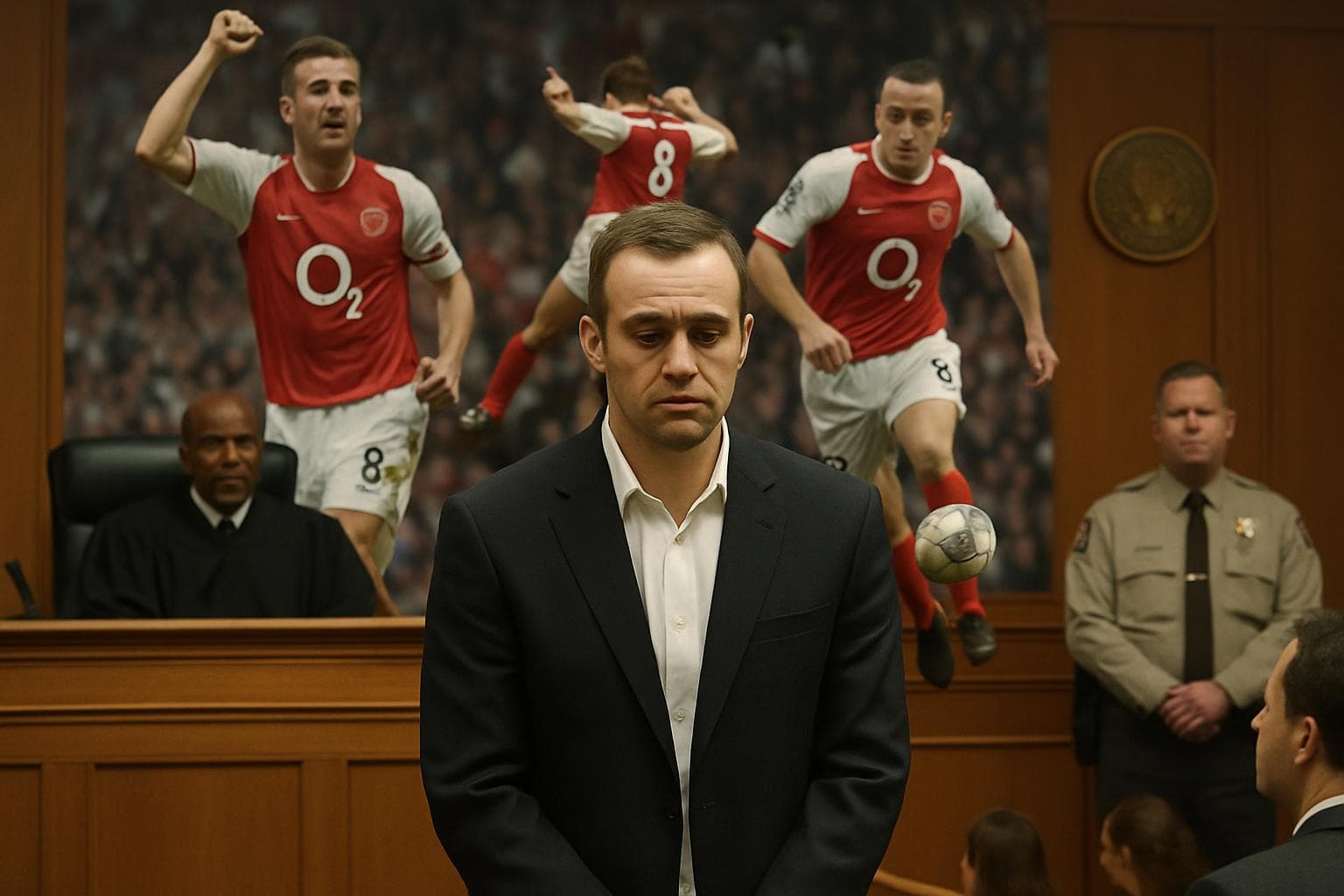 Former Arsenal midfielder in courtroom with somber expression