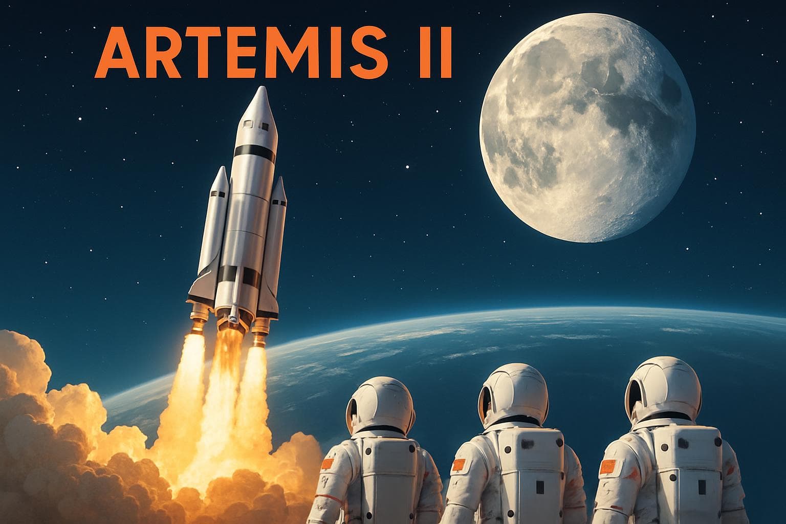 Futuristic rocket launching with astronauts towards the Moon