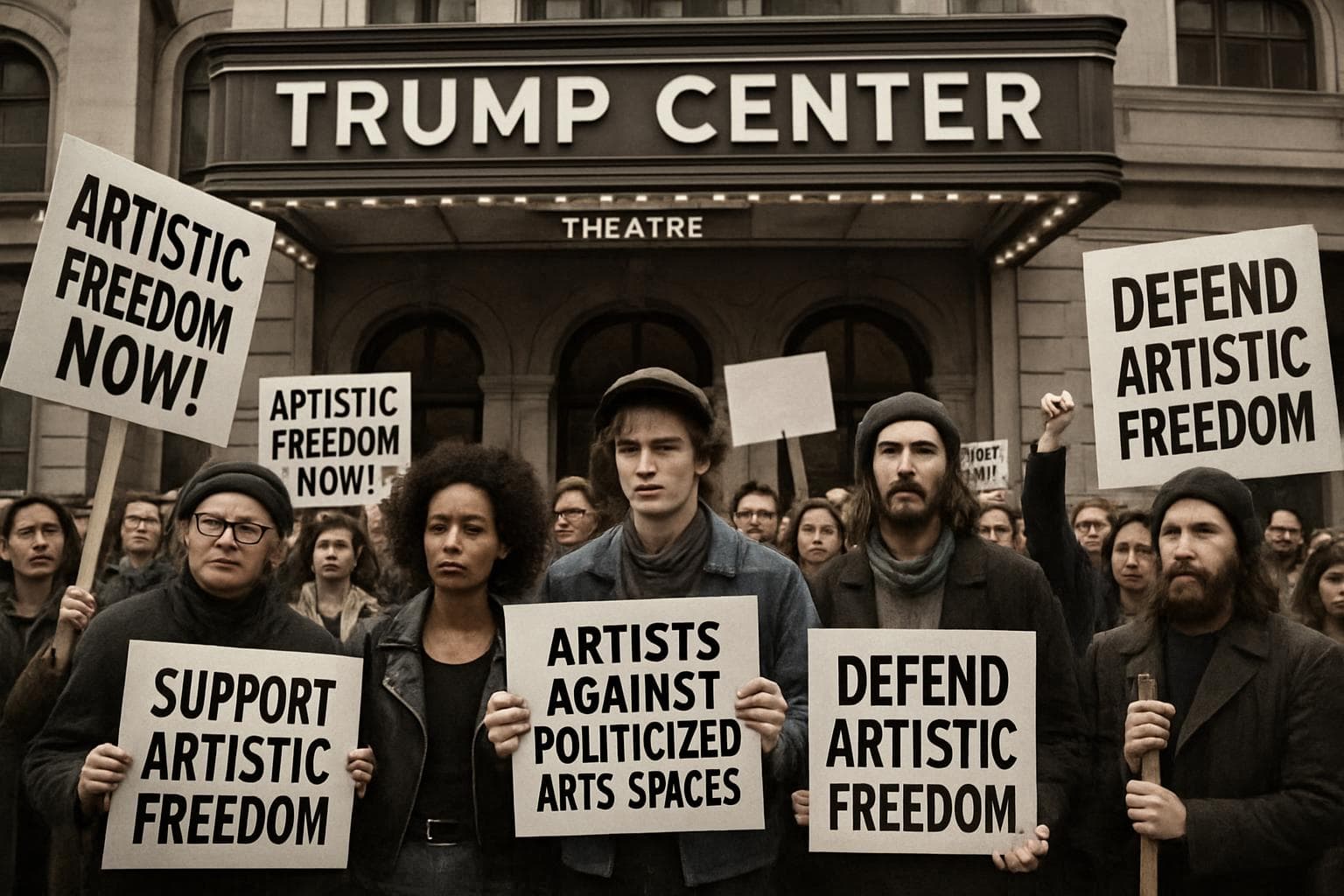 Artists protesting outside Trump Center theater with signs