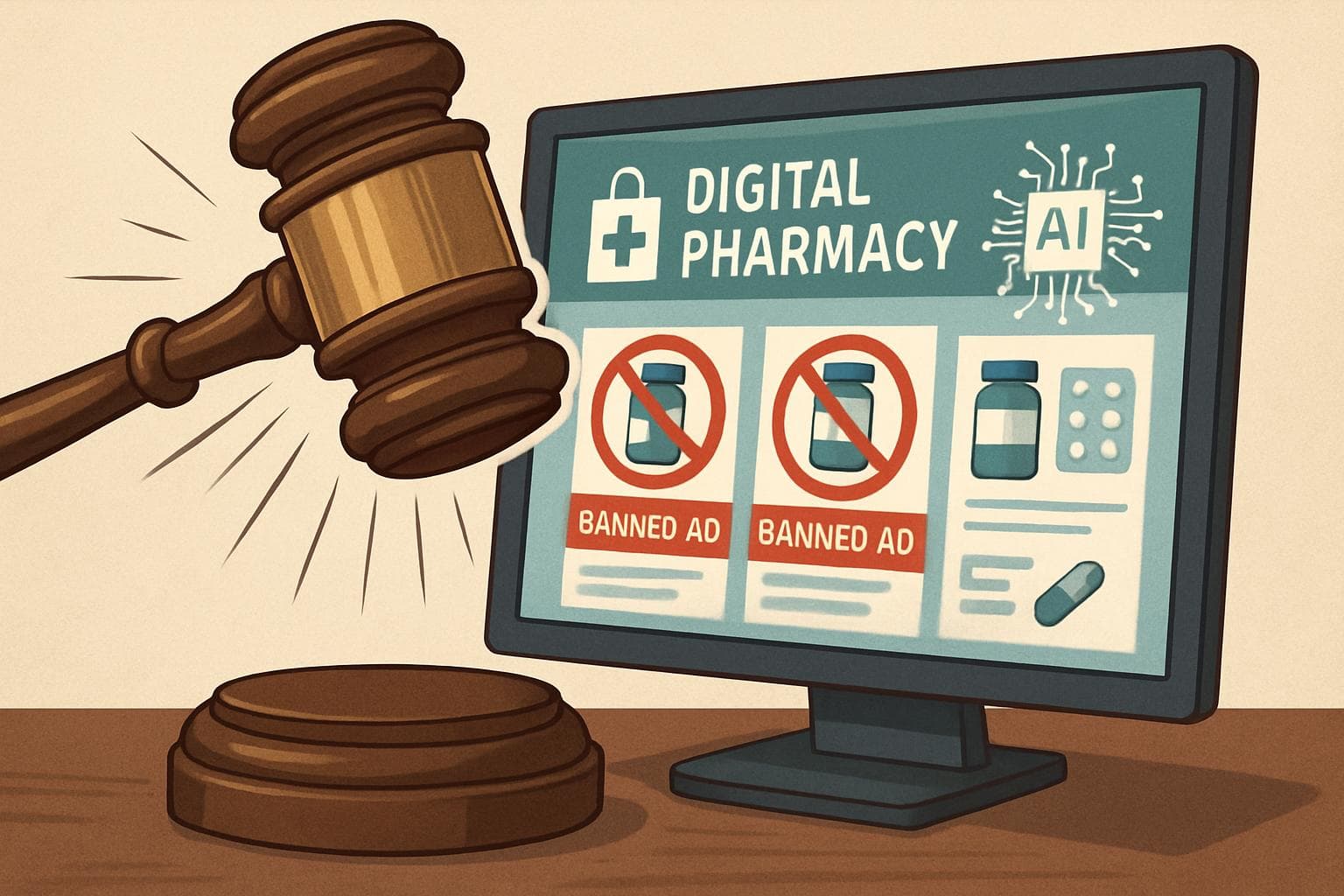 Gavel hitting computer screen with digital pharmacy