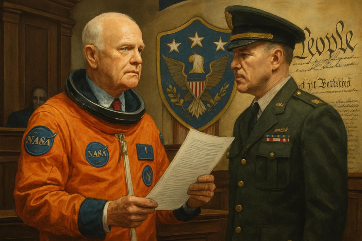 Former astronaut senator in courtroom with legal document