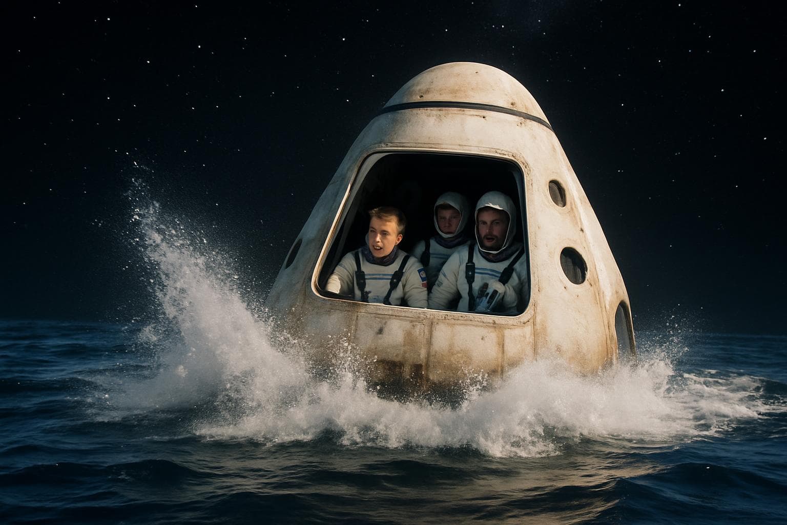 Astronauts returning to Earth in a spacecraft landing in the ocean