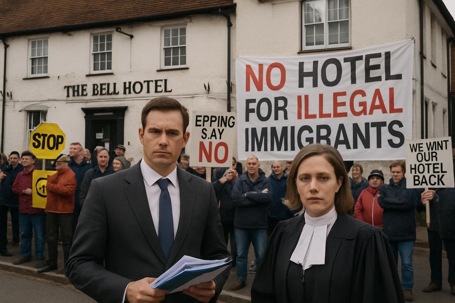 Bell Hotel in Epping with protestors outside