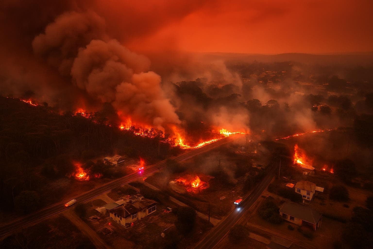 Aerial view of bushfires in south-east Australia with smoke and flames