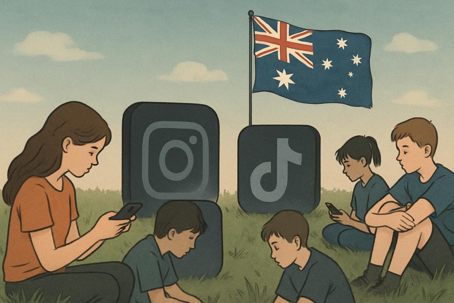 Teenagers with dimmed social media icons under Australian flag