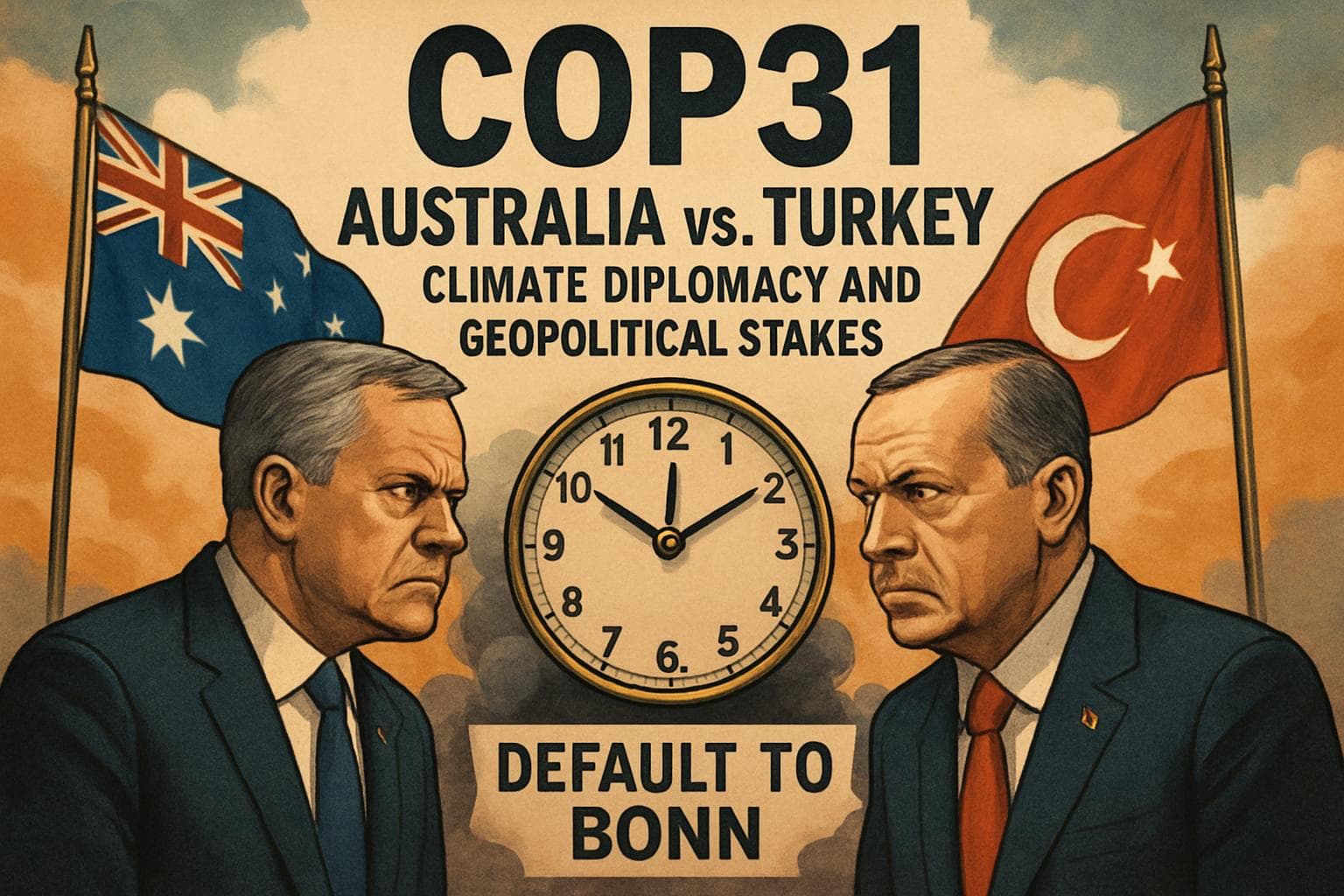 Australia and Turkey flags with a clock in the background