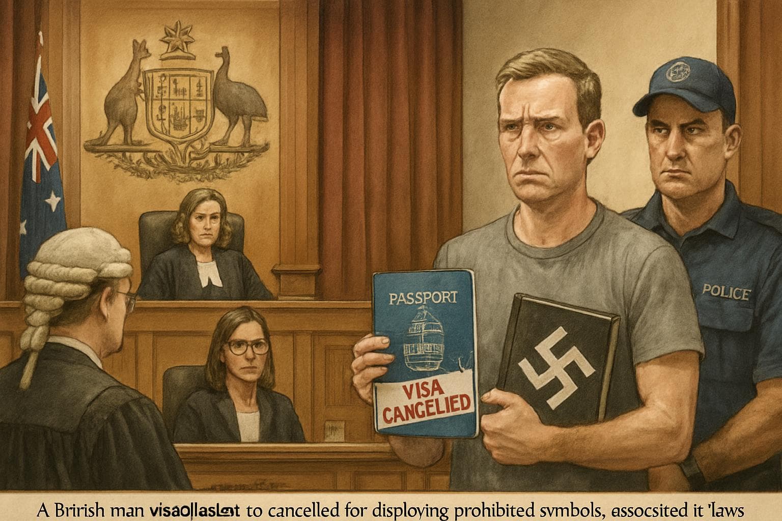 Australian court scene with officials and British man