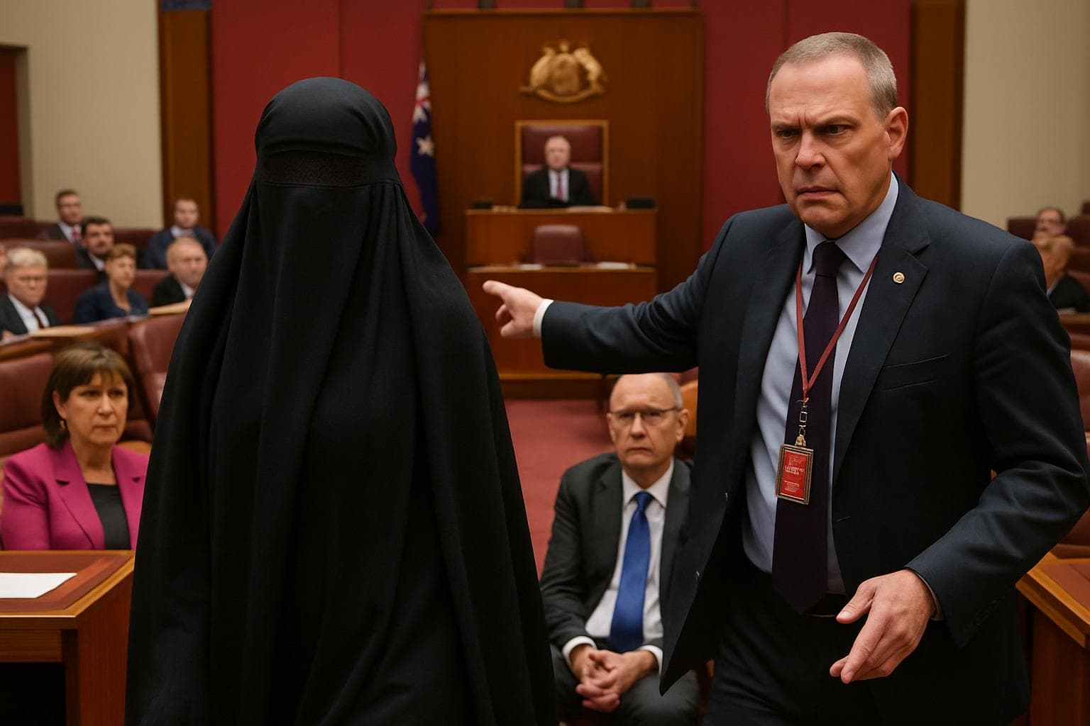 Australian senator in burqa during Senate protest
